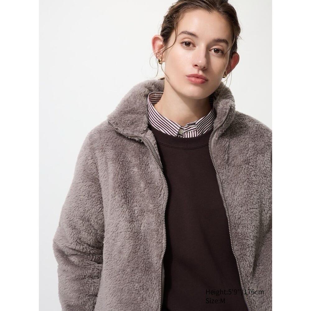 Uniqlo Women's Fluffy Yarn Fleece Sherpa Jacket Brown Gray Size XL